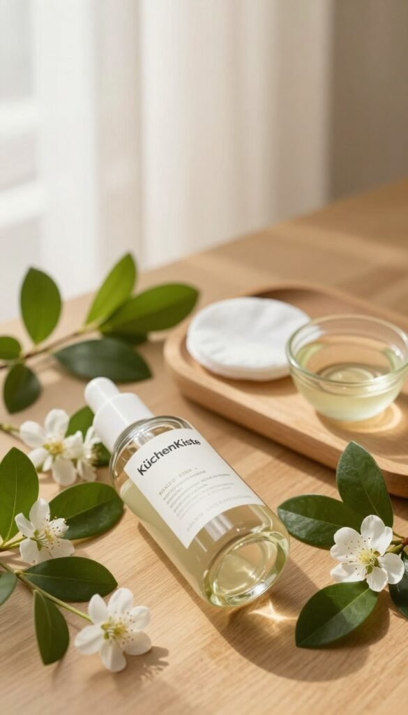 A beautifully arranged flat lay of a luxurious facial toner from the brand "KüchenKiste". In the foreground, a clear glass bottle with an elegant label showcasing the product name, surrounded by fresh green leaves and delicate white flowers. In the middle, softly blurred, a wooden vanity surface with a stylish cotton pad and a small dipping bowl filled with the toner. The background features a gentle morning light filtering through sheer curtains, casting warm, inviting tones on the scene. The overall mood is calm and serene, with an emphasis on natural beauty and holistic skincare. The composition should evoke a sense of wellness and preparation for a refreshing skincare routine, without any text or branding clutter. A beautifully arranged flat lay of a luxurious facial toner from the brand "KüchenKiste". In the foreground, a clear glass bottle with an elegant label showcasing the product name, surrounded by fresh green leaves and delicate white flowers. In the middle, softly blurred, a wooden vanity surface with a stylish cotton pad and a small dipping bowl filled with the toner. The background features a gentle morning light filtering through sheer curtains, casting warm, inviting tones on the scene. The overall mood is calm and serene, with an emphasis on natural beauty and holistic skincare. The composition should evoke a sense of wellness and preparation for a refreshing skincare routine, without any text or branding clutter.