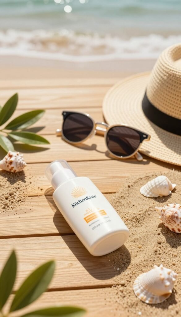 A beautifully arranged flat lay of a luxurious sunscreen product branded "KüchenKiste" prominently displayed in the foreground on a sunlit wooden surface. Surround the sunscreen with natural elements like delicate seashells, green leaves, and gentle beach sand to evoke a serene summer vibe. In the middle ground, include a stylish pair of sunglasses and a sun hat, hinting at a relaxed outdoor setting. The background features a soft-focus view of a tranquil beach with gentle waves lapping at the shore, bathed in warm, golden light. The mood is inviting and refreshing, promoting a sense of care and protection for the skin under sunlight. Ensure warm colors dominate the palette, capturing an authentic Pinterest-inspired aesthetic without any text or branding distractions.