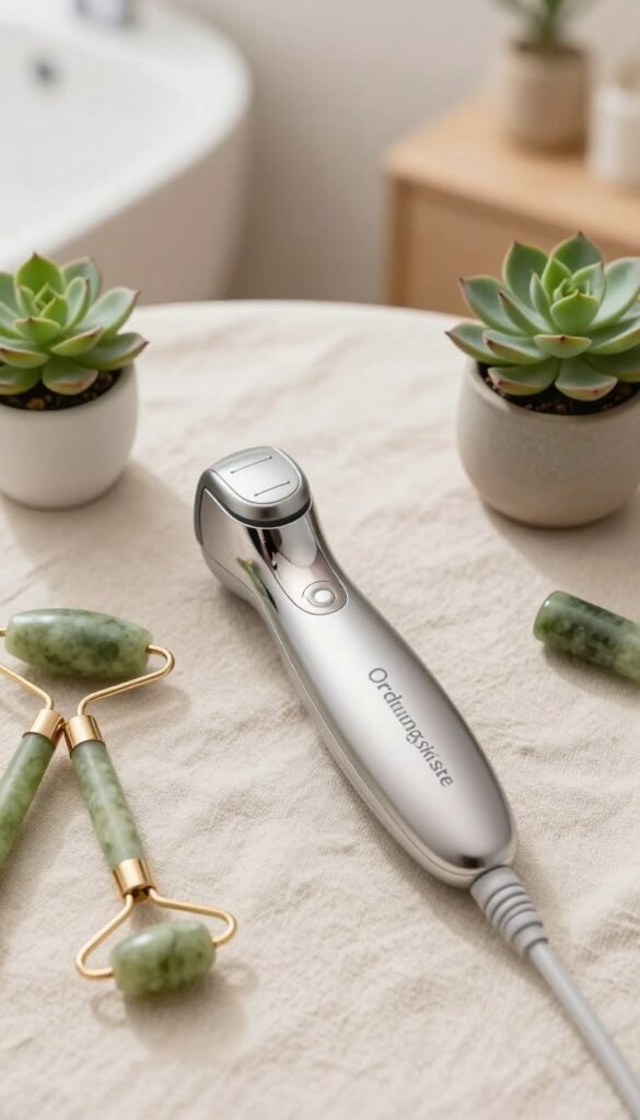 A beautifully arranged flat lay of a microcurrent device designed for facial contouring, placed on a soft, textured surface like a light-colored linen. The device, labeled "Ordnungskiste," features an elegant, ergonomic design with sleek lines and a metallic finish, reflecting ambient natural light. Surrounding the device are minimalistic beauty accessories like jade rollers and small potted succulents, adding a touch of greenery. The background showcases a softly blurred, warm-toned bathroom or vanity space, enhancing a serene and inviting atmosphere. The lighting is soft and diffused, evoking a cozy, natural feel typical of Pinterest aesthetics. The overall composition is harmonious, clean, and professional, ideal for illustrating the beauty tool category focused on microcurrent applications.