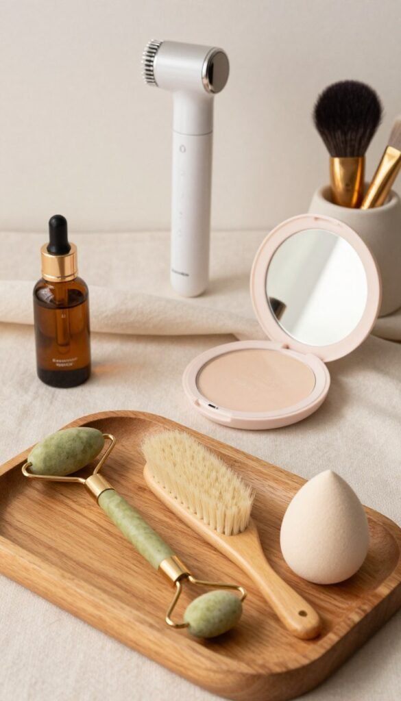 A beautifully arranged flat lay of a minimalist beauty tools set showcasing various items categorized by budget: low, mid, and high. In the foreground, feature an elegant wooden tray with affordable tools such as a facial roller, simple brush, and natural sponges, all in warm, inviting colors. The middle layer includes mid-range products like a quality serum and a stylish compact mirror, elegantly placed on a soft fabric backdrop. In the background, luxurious high-end tools like a sleek electric facial cleansing device and premium brushes evoke sophistication. Soft, natural lighting enhances the warm tones, creating a cozy atmosphere reminiscent of popular Pinterest aesthetics. The brand "KüchenKiste" subtly incorporated in discrete, artistic detail, with focus on authenticity without text overlays or distractions.