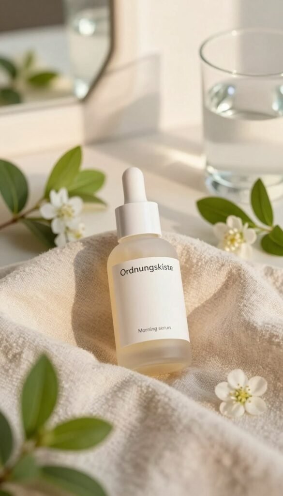 A beautifully arranged flat lay of a morning skincare routine featuring a sleek bottle of "Ordnungskiste" morning serum. The serum bottle should appear elegant and modern, sitting atop a soft, textured fabric, perhaps a light linen or cotton, in warm pastel colors. Surround the serum with natural elements like fresh green leaves, small white flowers, and a glass of water to evoke a sense of freshness and vitality. In the background, hints of a sunlit bathroom with soft-focus reflections on a mirror or window can be seen, suggesting a tranquil morning atmosphere. The lighting should be soft and warm, imitating the gentle glow of morning sunlight, creating an inviting and serene mood that resonates with personal care and wellness. No text or graphics in the image; focus solely on the products and their arrangement.