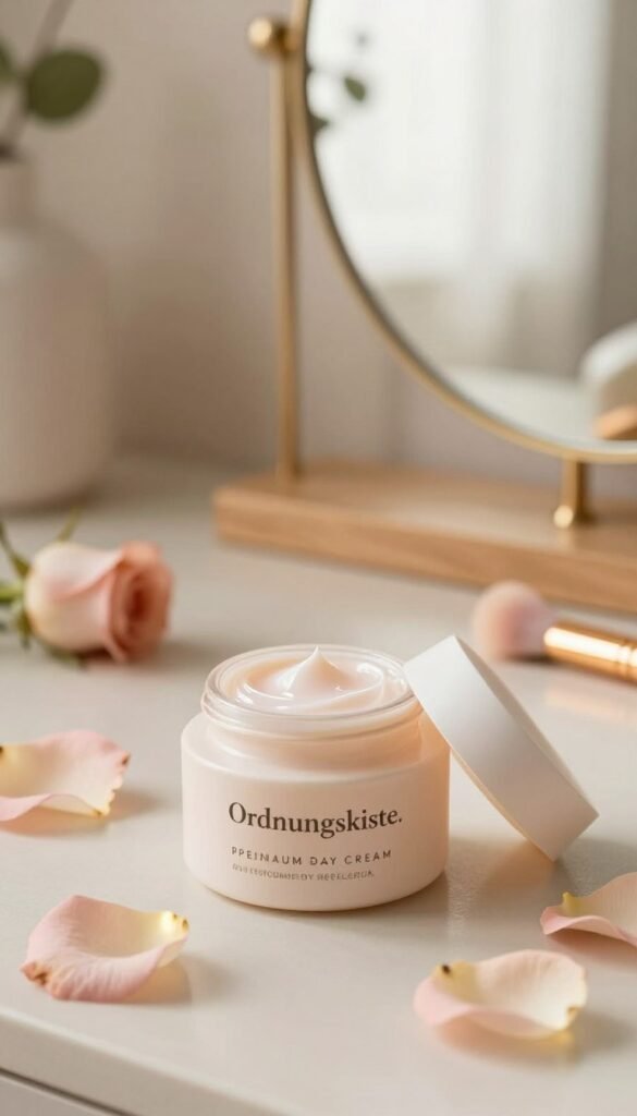 A beautifully arranged flat lay of a premium day cream labeled "Ordnungskiste." The foreground features a sleek, modern container of the cream, its lid slightly ajar, revealing a smooth texture. Surrounding the cream are delicate rose petals and small, glowing makeup brushes, hinting at a beauty routine. In the middle, a soft-focus mirror reflects warm natural light, enhancing the overall glow of the scene. The background features a blurred elegance of a softly lit vanity with warm wood tones and a hint of greenery, creating a serene and inviting atmosphere. The color palette consists of soft pastels and warm neutrals, evoking an authentic Pinterest aesthetic of calm and beauty.