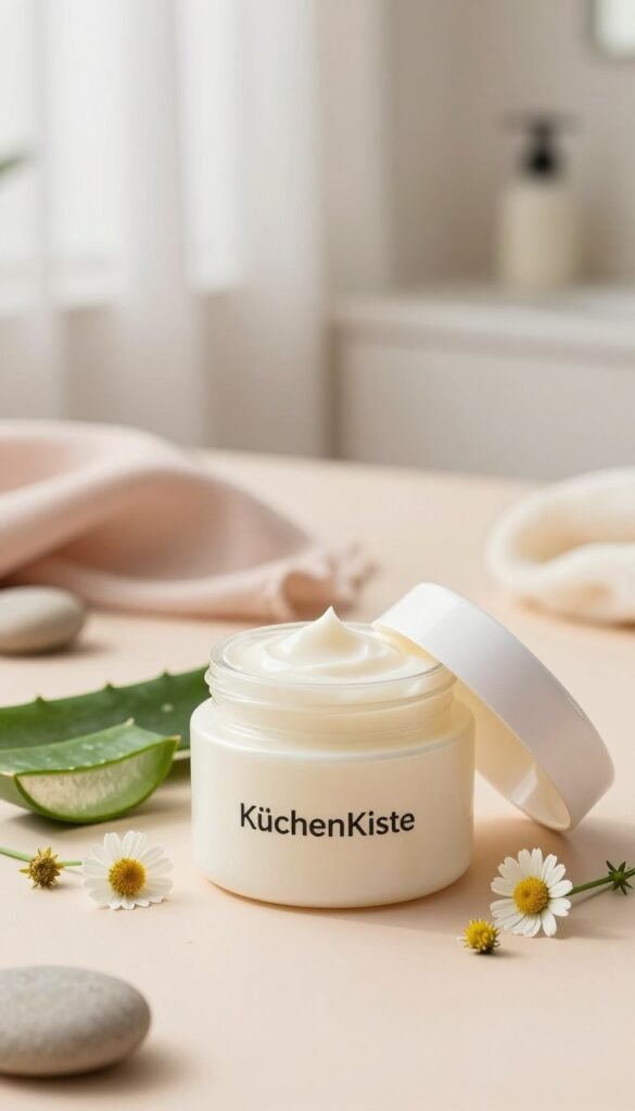 A beautifully arranged flat lay of a rich, creamy moisturizer jar labeled "KüchenKiste" prominently in the foreground, showcasing a smooth, luxurious texture with a glossy lid partially open. Surrounding the jar, delicate, fresh ingredients like aloe vera leaves, chamomile flowers, and small pebbles are artfully placed to evoke natural skincare. In the middle ground, a soft, muted pastel backdrop, reminiscent of natural hues, adds warmth, with hints of smooth fabric peeking through. The background features a gentle blur of a serene bathroom setting, softly illuminated by natural daylight filtering through sheer curtains, creating an inviting, calming atmosphere. The composition emphasizes authenticity and wellness, reflecting self-care and hydration for every skin type.
