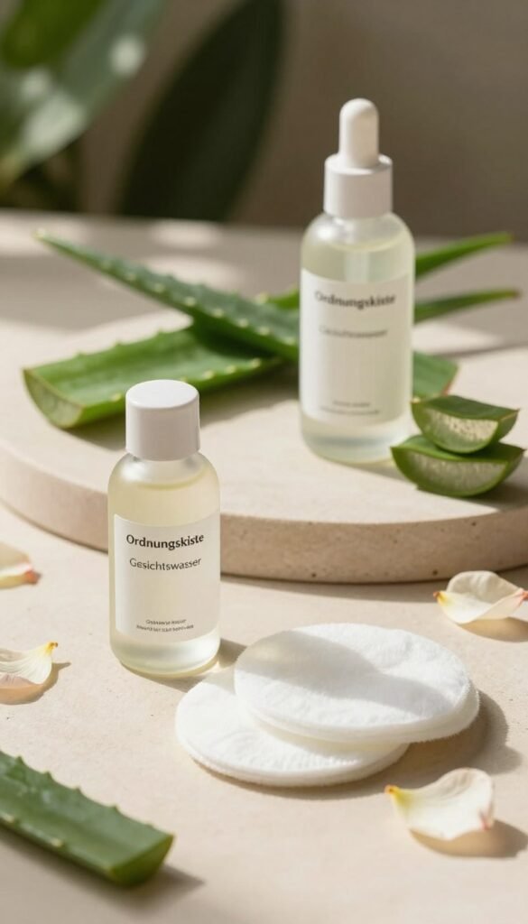 A beautifully arranged flat lay of a skincare scene featuring "Ordnungskiste" Gesichtswasser. In the foreground, a stylish glass bottle of toner sits next to gentle cotton pads. The middle layer displays natural elements like fresh aloe vera leaves and delicate flower petals surrounding the products, adding a fresh, organic feel. The background includes soft-focus greenery, evoking a serene, spa-like atmosphere. Warm, natural lighting filters in, casting soft shadows and highlighting the textures of the skincare products. The overall mood is calm and inviting, radiating a sense of self-care and wellness, perfect for illustrating optional skincare steps in a routine.