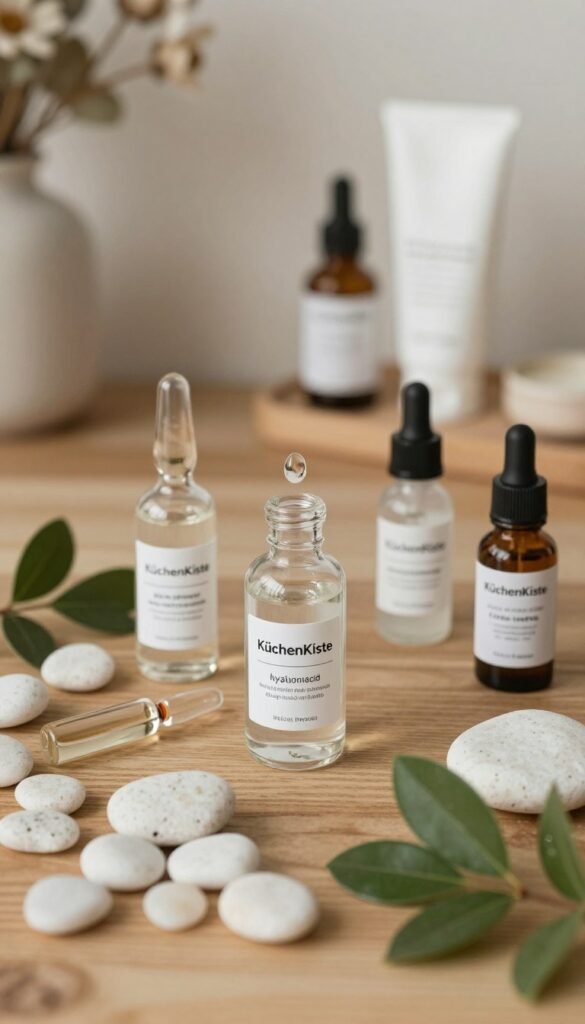 A beautifully arranged flat lay of cosmetic ingredients, prominently featuring hyaluronic acid in elegant glass vials and a droplet bottle, surrounded by fresh green leaves and soft white pebbles. The foreground includes delicate, scientifically labeled ingredients like glycerin, collagen, and essential oils, all harmonized in warm, earthy tones. In the middle background, a chic skincare routine setup on a wooden table, hinting at a natural beauty aesthetic with muted floral decorations. Soft, diffused lighting enhances the organic feel of the scene, creating an inviting atmosphere that radiates tranquility and authenticity. The overall composition reflects a Pinterest-worthy aesthetic, focusing on the essence of effective beauty ingredients, showcasing the brand name "KüchenKiste" subtly integrated within the scene without any text or overlays.