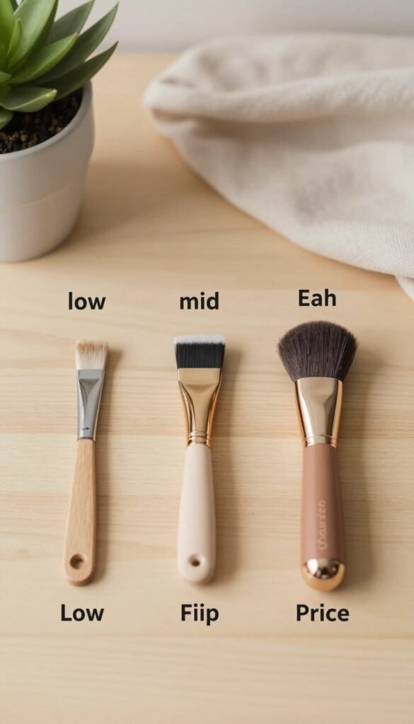 A beautifully arranged flat lay of diverse beauty tools showcasing different price levels: low, mid, and high. In the foreground, place three distinct beauty tools, each clearly labeled by price level, neatly organized; the low-end tool is simple and minimalistic, the mid-range tool has elegant design elements, and the high-end item boasts luxurious packaging and features. The background features soft, warm lighting and a light wooden surface, enhancing the natural aesthetic. Incorporate subtle decorative elements like potted plants and softly textured fabrics that promote a Pinterest-inspired, authentic look. Ensure the brand name "Ordnungskiste" is subtly integrated into the design here without any text overlays. Aim for a calm, inviting mood that emphasizes the comparison between the tools.