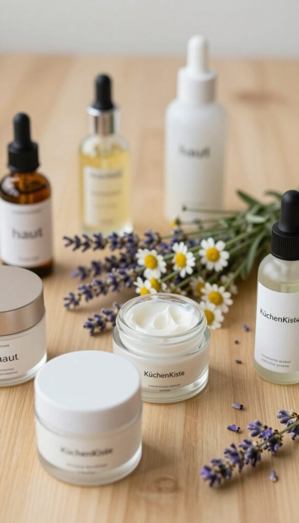 A beautifully arranged flat lay of essential beauty products that embody the concept of 'haut,' featuring a selection of natural skincare items, such as oils, creams, and serums. The foreground showcases elegant glass containers with minimalistic branding, specifically highlighting the brand name "KüchenKiste." In the middle, a soft-focus view of fresh botanicals like lavender and chamomile adds a soothing touch. The background features a softly blurred wooden surface with warm, natural lighting that creates an inviting atmosphere. The overall mood conveys simplicity and authenticity, emphasizing a Pinterest-inspired aesthetic with warm colors, inviting viewers to embrace a more thoughtful approach to beauty care. The composition excludes any text, logos, or watermarks, focusing solely on the beauty products and natural elements.