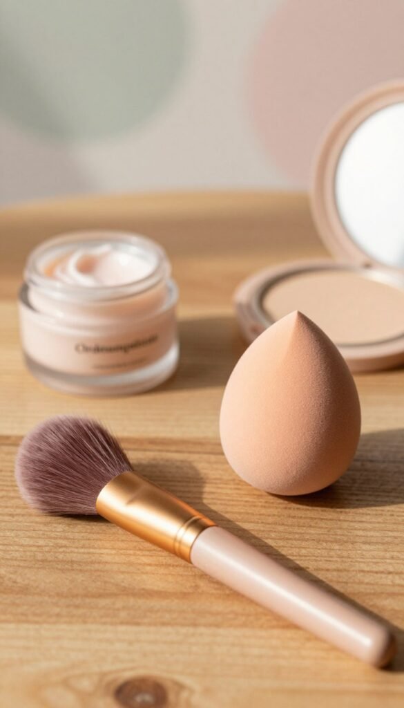 A beautifully arranged flat lay of essential beauty tools for beginners, featuring a high-quality makeup brush and a soft makeup sponge, both in warm-toned colors. In the foreground, the brush is positioned on a textured wooden surface, while the sponge rests nearby, showcasing its plush form. In the middle ground, delicate beauty-related items such as a small jar of cream and a compact mirror subtly blend in, enhancing the scene. The background is softly blurred with gentle pastel colors, suggesting a calm and inviting atmosphere. The lighting is warm and natural, reminiscent of early morning sunlight, creating soft shadows that add depth. The overall composition has a Pinterest aesthetic, promoting an authentic, stylish vibe without any text or branding other than "Ordnungskiste" subtly incorporated in the arrangement.