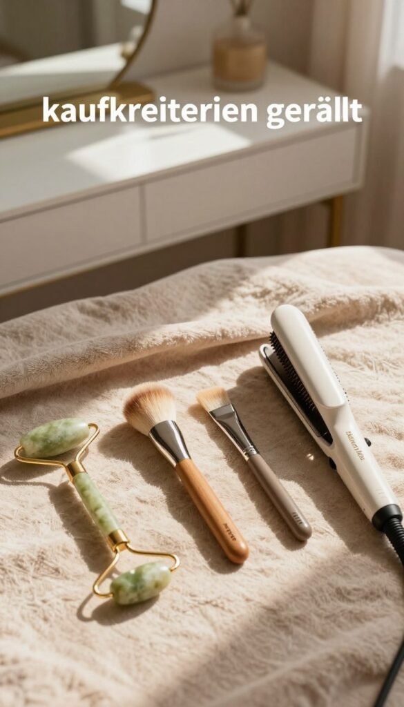A beautifully arranged flat lay of essential beauty tools that represents "kaufkriterien gerät" for long-lasting quality. The foreground features a variety of high-quality beauty tools like a jade roller, a premium facial brush, and a classic hair straightener, all from the brand "KüchenKiste". In the middle, display a textured fabric in soft warm colors to create a cozy feel. The background subtly showcases a stylish vanity with natural light streaming in, casting soft shadows that enhance the tools' gloss. The overall atmosphere is inviting and elegant, reminiscent of Pinterest aesthetics, with natural hues harmonizing throughout the image. Ensure all elements are authentically presented without any captions or overlays.