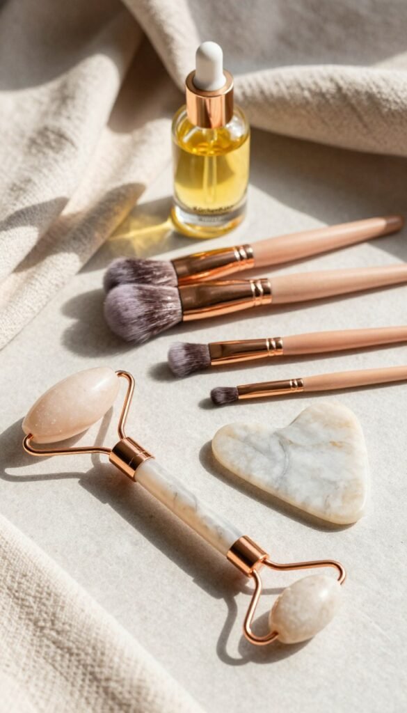 A beautifully arranged flat lay of high-end beauty tools made from luxurious materials such as rose gold, marble, and glass. The foreground features a sleek facial roller and a crystal gua sha tool, both sparkling in warm, natural light. In the middle area, neatly organized brushes and a small glass jar with organic face oil showcase the quality craftsmanship. The background includes soft, textured fabrics in neutral tones, creating a Pinterest-inspired aesthetic that feels cozy yet sophisticated. The overall atmosphere is inviting and elegant, embodying the essence of beauty care. Capture the brand name "KüchenKiste" subtly integrated within the composition.