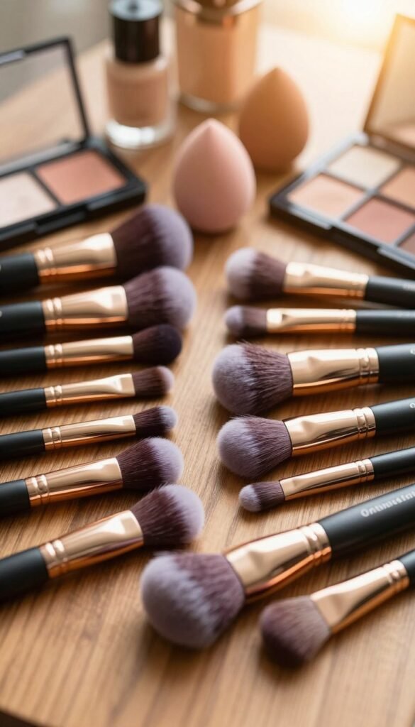 A beautifully arranged flat lay of high-quality make-up brushes from the brand "Ordnungskiste," showcasing a variety of brush types such as foundation, blush, and eyeshadow brushes. The foreground features a polished wooden surface, with the brushes artfully placed at various angles, highlighting their luxurious, soft bristles and elegant handles. In the middle ground, there are natural beauty sponges and a subtle touch of makeup products like blush and eyeshadow palettes, enhancing the beauty tools' functionality. The background is softly blurred with warm, inviting colors reminiscent of a cozy, Pinterest-inspired beauty space, with soft sunlight filtering in to create a warm glow. The overall mood is sophisticated and inviting, perfect for showcasing durable beauty tools that enhance everyday makeup applications. No text or logos visible in the image.
