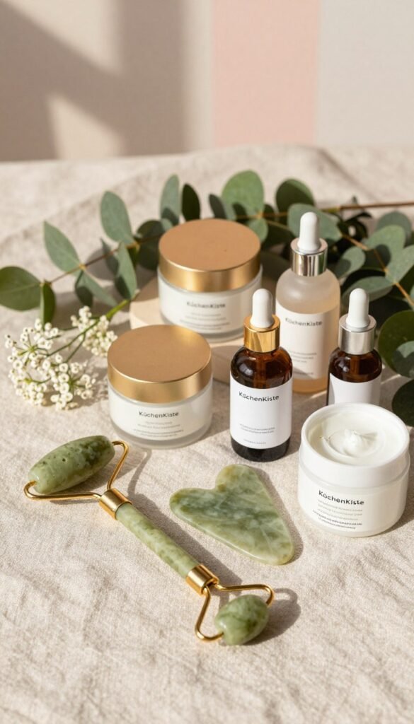 A beautifully arranged flat lay of home facial products, showcasing an array of skincare tools and essentials. In the foreground, display a jade roller, a gua sha tool, and a set of natural, organic serums and creams neatly placed on a soft, textured linen cloth. The middle layer features elegant glass jars with golden lids, surrounded by fresh, green foliage and delicate flowers, adding a natural vibe. In the background, softly blurred pastel colors create a warm and inviting atmosphere reminiscent of a cozy spa. The lighting should be soft and diffused, creating gentle shadows that enhance the texture of the fabrics and products. Emphasize the brand "KüchenKiste" subtly incorporated into the arrangement, ensuring a Pinterest-inspired aesthetic that feels both authentic and sophisticated, inviting readers to explore elevated self-care routines.