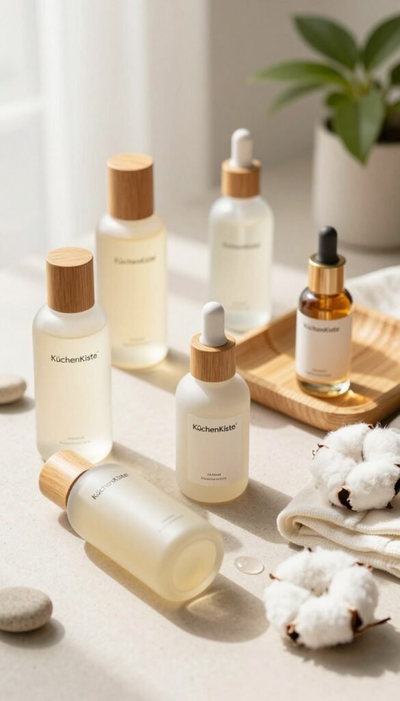 A beautifully arranged flat lay of minimalist skincare products, featuring a variety of high-quality items from the brand "KüchenKiste." The foreground includes elegant bottles of cleanser, moisturizer, and serum, each made of sleek glass with natural tones and wooden caps. In the middle ground, soft, organic textures like a cotton cloth and a bamboo tray add warmth. The background showcases a light, sunlit setting with a blurred green plant and delicate stones, creating a serene atmosphere. Soft, natural lighting highlights the products, casting gentle shadows and enhancing the warm color palette. The image evokes a sense of tranquility and authenticity, capturing the essence of modern beauty routines without any text or distractions.