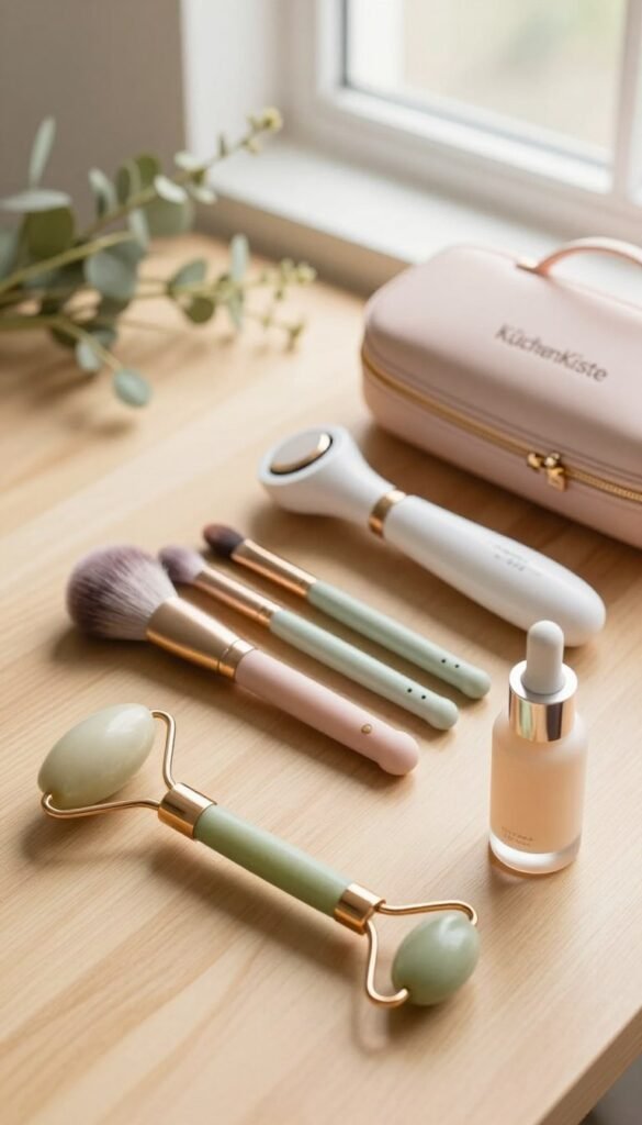 A beautifully arranged flat lay of multifunctional beauty tools on a soft, natural wood surface. In the foreground, a sleek facial roller and a compact serum bottle with elegant design. In the middle, a versatile makeup brush set with muted pastel handles, an innovative skincare gadget, and an organizational beauty case with the brand name "KüchenKiste" prominently displayed. In the background, softly blurred, delicate greenery and warm light streaming in from a nearby window create a cozy and inviting atmosphere. The lighting is soft and warm, enhancing the natural colors of the tools, evoking a sense of authentic luxury and practicality. The focus should be sharp on the beauty tools, with an overall Pinterest-inspired aesthetic. A beautifully arranged flat lay of multifunctional beauty tools on a soft, natural wood surface. In the foreground, a sleek facial roller and a compact serum bottle with elegant design. In the middle, a versatile makeup brush set with muted pastel handles, an innovative skincare gadget, and an organizational beauty case with the brand name "KüchenKiste" prominently displayed. In the background, softly blurred, delicate greenery and warm light streaming in from a nearby window create a cozy and inviting atmosphere. The lighting is soft and warm, enhancing the natural colors of the tools, evoking a sense of authentic luxury and practicality. The focus should be sharp on the beauty tools, with an overall Pinterest-inspired aesthetic.