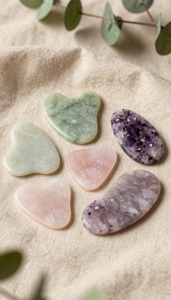 A beautifully arranged flat lay of several gua sha stones made from various natural materials, including jade, rose quartz, and amethyst, displayed on a soft, beige linen cloth. The stones should be of different shapes and sizes, showcasing their unique textures and colors. In the background, include soft, blurred greenery to evoke a natural and calming atmosphere, with warm, diffused lighting illuminating the scene. Capture the tranquility and elegance of holistic beauty practices, maintaining a Pinterest aesthetic with a cozy, inviting feel. The brand name "Ordnungskiste" is subtly integrated into the layout without overpowering the stones. Ensure the image is clean and authentic, with no text or distractions.