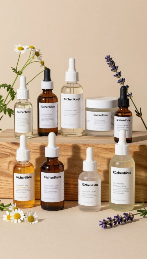 A beautifully arranged flat lay of skincare ingredients against a warm, natural background. In the foreground, an array of vibrant bottles and jars labeled with the brand name "KüchenKiste," showcasing key active ingredients like hyaluronic acid, niacinamide, and ceramides. Surrounding them, delicate sprigs of chamomile and lavender add a touch of nature, symbolizing soothing properties. In the middle, a wooden surface hints at an organic theme, with subtle textures enhancing the authenticity. A soft, diffused natural light illuminates the scene, casting gentle shadows and creating an inviting atmosphere that encourages exploration. The overall mood is calm and informative, perfect for understanding essential skincare ingredients without any text, ensuring clarity and focus on the visuals.