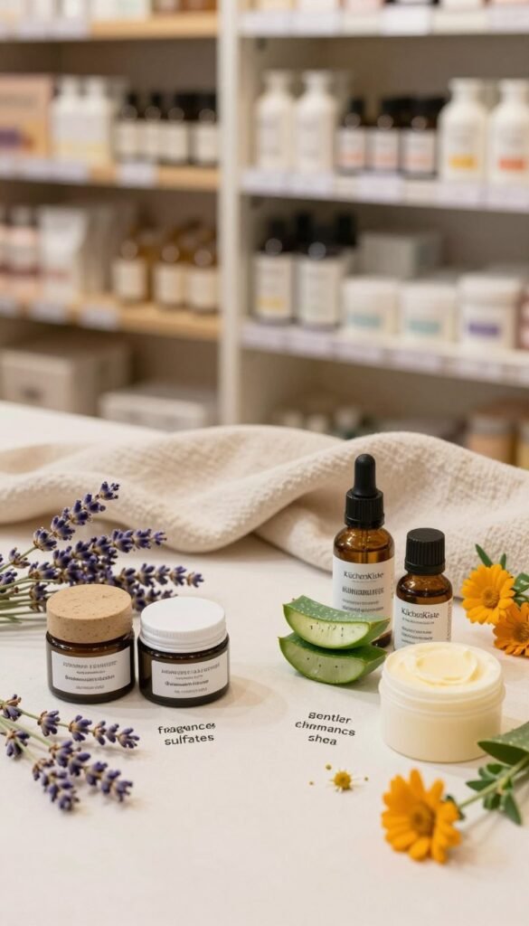 A beautifully arranged flat lay of skincare ingredients and labels, featuring common irritants for sensitive skin like alcohol, fragrances, and sulfates on one side, and gentler alternatives such as aloe vera, chamomile, and shea butter on the other. In the foreground, display small jars and bottles with natural textures, surrounded by delicate botanicals like lavender and calendula. The middle ground includes soft, neutral-toned fabrics to create a cozy atmosphere. In the background, out-of-focus shelves filled with well-organized, aesthetically pleasing skincare products to evoke a sense of a well-stocked shelf in a beauty store. The lighting is warm and inviting, reminiscent of natural daylight, highlighting the ingredients' textures. The overall mood is calm and educational, embodying a Pinterest-inspired aesthetic. Include the brand name "KüchenKiste" subtly within the composition.