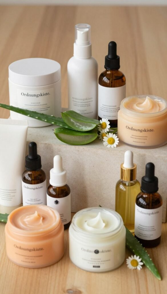 A beautifully arranged flat lay of skincare products essential for strengthening the skin barrier, including moisturizers, serums, and cleansing balms, all elegantly branded with "Ordnungskiste." In the foreground, vibrant creams and oils in earthy tones evoke a natural feel, accompanied by soft pastel and neutral-colored packaging. The middle layer features a delicate arrangement of fresh botanicals like aloe vera and chamomile, creating a serene ambiance. The background offers a softly blurred wooden surface that enhances warmth and authenticity, capturing the essence of care for your skin. Use natural, warm lighting to highlight the textures of the products and the freshness of the botanicals, creating an inviting and informative atmosphere, reminiscent of a Pinterest aesthetic.