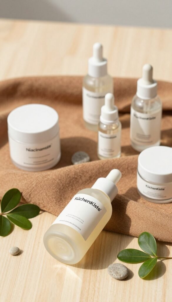 A beautifully arranged flat lay of skincare products featuring Niacinamide, emphasizing various textures and packaging styles. The foreground includes a sleek bottle labeled "KüchenKiste" with a matte finish, surrounded by smaller jars and serums showcasing clear labeling. The middle layer consists of a soft, warm-toned fabric as a backdrop to create a cozy atmosphere, complemented by natural elements like green leaves and small stones. The background softly blurs into a clean, light wooden table to enhance the focus on the products. The lighting is soft and natural, mimicking sunlight, creating warmth and inviting a fresh, approachable mood. The overall aesthetic is authentic, capturing the essence of skincare shopping without any text overlays or distractions.