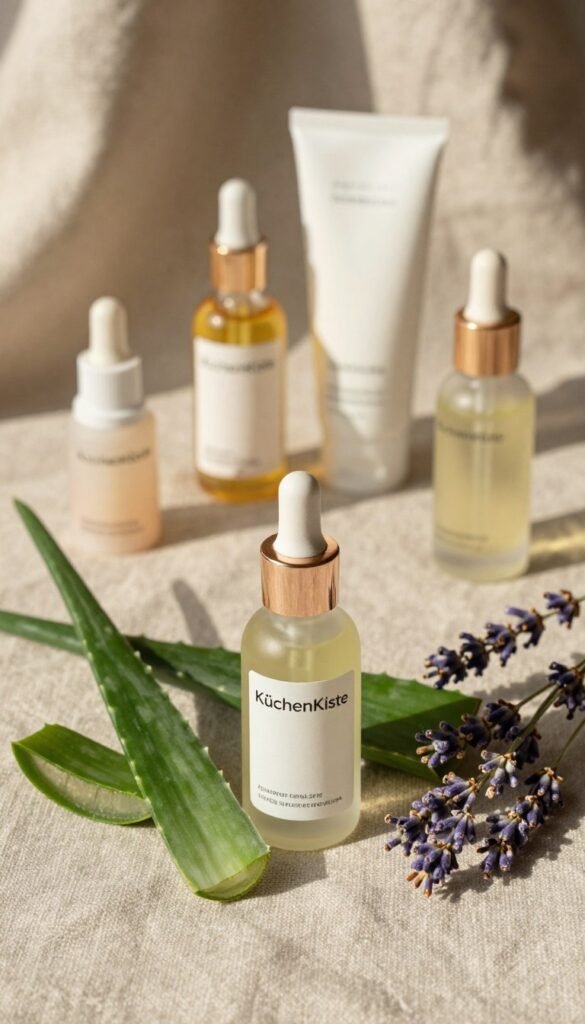 A beautifully arranged flat lay of skincare products featuring a high-quality serum bottle labeled "KüchenKiste". The foreground showcases the serum bottle with an elegant design, surrounded by fresh ingredients like aloe vera leaves and small bunches of lavender, reflecting natural beauty. The middle layer includes an array of complementary skincare items such as a moisturizer and facial oil, all arranged artistically. The background consists of soft, textured linen, subtly illuminated by warm, natural light that creates inviting shadows and highlights. The overall atmosphere is warm and serene, evoking a Pinterest-worthy aesthetic of effortless beauty routines. Emphasize authenticity and create a calming mood without any text or overlays.