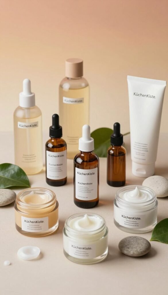 A beautifully arranged flat lay of skincare products for oily and blemished skin, featuring various types like cleansers, toners, serums, and moisturizers. The products should include branded items with a label reading "KüchenKiste." In the foreground, display glass bottles and jars with elegant shapes, some open to show creamy textures or essential oils. The middle ground includes soft, natural elements like green leaves or pebbles, adding a touch of freshness, while the background features a gentle gradient of warm, inviting colors, reminiscent of a serene spa ambiance. Use soft, diffused lighting to create a calming atmosphere, captured from a slightly elevated angle to emphasize the arrangement and textures. Ensure the composition looks Pinterest-worthy and authentic, with no text or branding aside from the specified brand name.