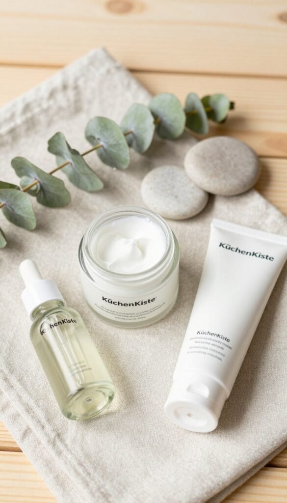 A beautifully arranged flat lay of skincare products from the brand "KüchenKiste," showcasing a curated selection of various textures and sizes. In the foreground, include an elegant glass bottle of serum, a compact jar of cream, and a sleek tube of moisturizer, each labeled authentically. The middle layer features a soft linen cloth with natural elements, such as eucalyptus leaves and smooth stones, adding a touch of serenity. In the background, a softly blurred wooden surface complements the warm, inviting colors. The lighting is bright yet gentle, creating a cozy atmosphere that highlights the quality and appeal of each product. Ensure the scene captures a Pinterest-worthy aesthetic with a focus on natural beauty and practicality, conveying the essence of thoughtful skincare.