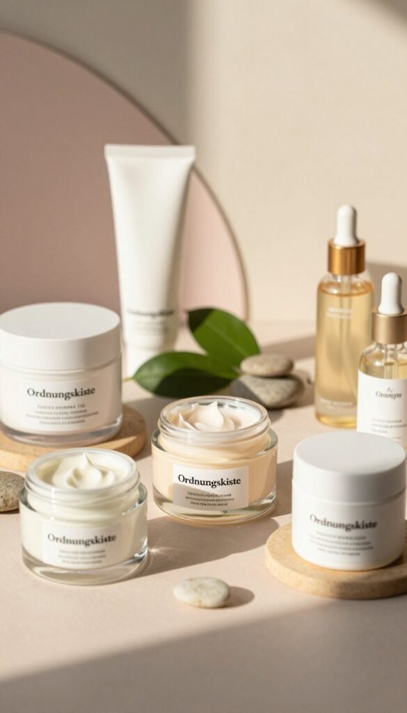 A beautifully arranged flat lay of skincare products, prominently featuring a selection from the brand "Ordnungskiste." The foreground displays elegant glass and ceramic containers filled with creams, serums, and oils, showcasing a variety of textures. In the middle, there are natural elements like leaves and pebbles, enhancing the organic atmosphere. The background consists of soft, blurred pastel colors, creating a calming ambiance. The lighting is warm and inviting, simulating natural sunlight streaming in, which casts gentle shadows and highlights the products’ labels. The overall mood is serene and sophisticated, perfect for conveying the theme of making informed choices about skincare products. No text, logos, or watermarks present.