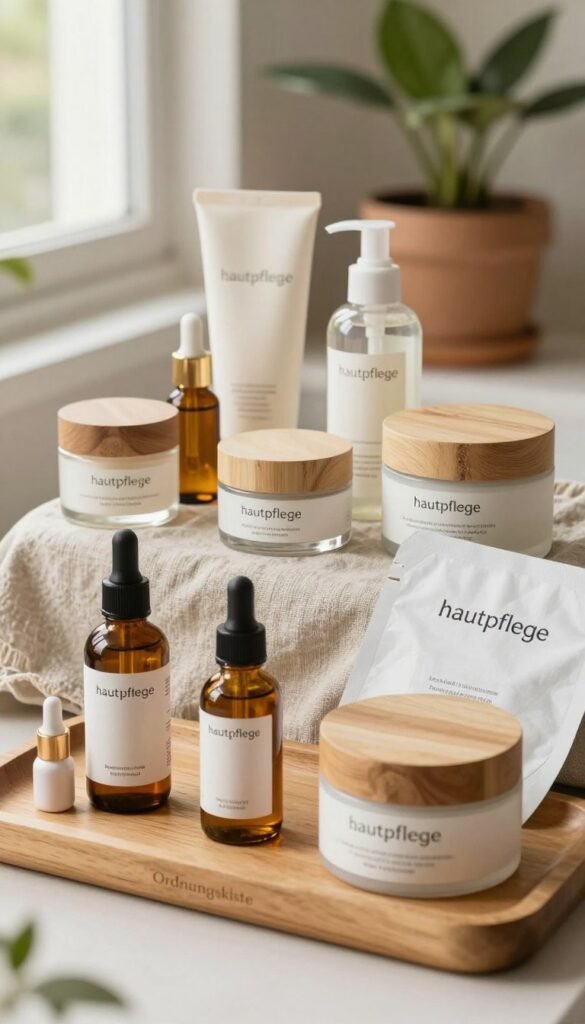 A beautifully arranged flat lay of skincare products representing "hautpflege," featuring various sizes of elegantly designed containers made from sustainable materials, such as glass and bamboo. In the foreground, display a stylish wooden tray with the brand name "Ordnungskiste" subtly incorporated. Include a mix of serums, moisturizers, and facial masks, each with minimalist packaging in warm, earthy tones. The middle layer showcases a soft, textured cloth, perhaps linen, enhancing the overall natural aesthetic. In the background, a softly blurred indoor scene with potted plants and natural light streaming through a window creates a serene ambiance. The overall mood is calming and inviting, perfect for illustrating essential purchase criteria for an organized beauty routine.