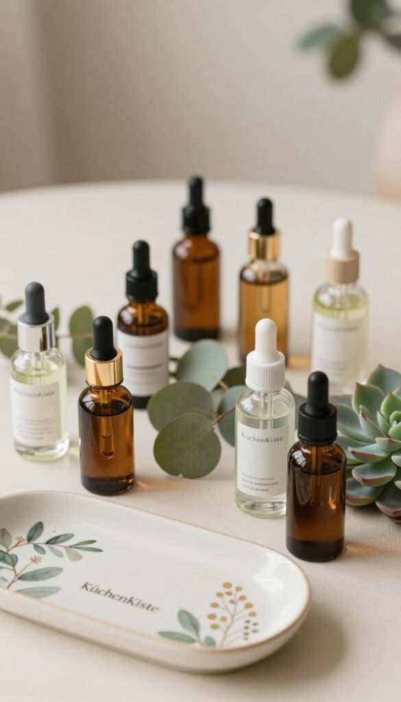 A beautifully arranged flat lay of skincare serums, each in elegant glass dropper bottles, showcasing various colors and textures that represent different active ingredients. The foreground features a delicate, hand-painted ceramic tray with the brand name “KüchenKiste” subtly included. In the middle, an assortment of natural greenery, like eucalyptus leaves and small succulent plants, enhances the aesthetic, symbolizing the harmonious combination of skincare actives. The background is softly blurred with warm, natural lighting that creates a cozy and inviting atmosphere, reminiscent of a Pinterest-inspired aesthetic. Capture the essence of thoughtful layering in skincare routines while maintaining an authentic, clean look without any text or distractions.