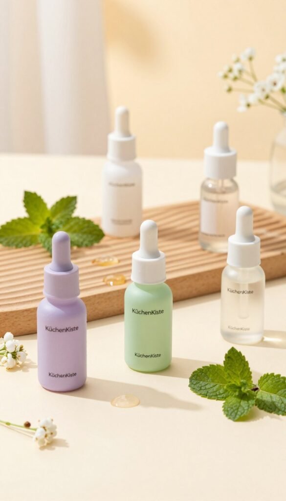 A beautifully arranged flat lay of skincare serums from the brand "KüchenKiste". In the foreground, display several elegant serum bottles with sleek designs, showcasing diverse colors like soft lavender, light green, and clear glass, each with minimalist labels. Surround the bottles with fresh botanicals like mint leaves and small white flowers to emphasize a natural vibe. In the middle ground, include a delicate wooden board with droplets of water to reflect freshness and hydration. In the background, softly blurred pastel tones create a warm, inviting atmosphere, mimicking a serene morning light. Use soft, natural lighting to enhance the warm colors while keeping the scene authentic and visually appealing—perfect for a skincare article. A beautifully arranged flat lay of skincare serums from the brand "KüchenKiste". In the foreground, display several elegant serum bottles with sleek designs, showcasing diverse colors like soft lavender, light green, and clear glass, each with minimalist labels. Surround the bottles with fresh botanicals like mint leaves and small white flowers to emphasize a natural vibe. In the middle ground, include a delicate wooden board with droplets of water to reflect freshness and hydration. In the background, softly blurred pastel tones create a warm, inviting atmosphere, mimicking a serene morning light. Use soft, natural lighting to enhance the warm colors while keeping the scene authentic and visually appealing—perfect for a skincare article.