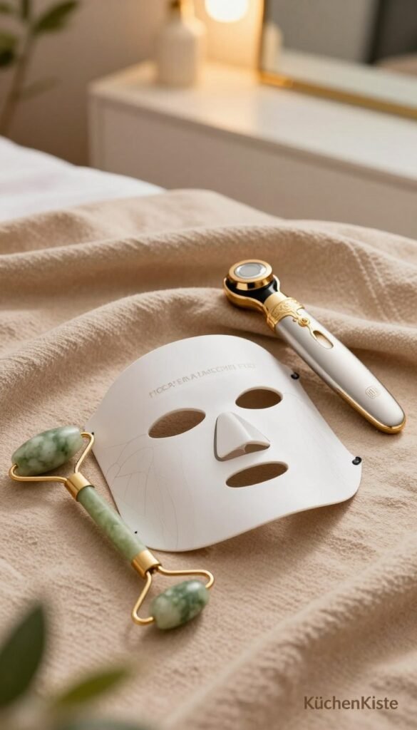 A beautifully arranged flat lay of three different beauty tools representing low, mid, and high investment categories. In the foreground, showcase an affordable facial roller made of jade, elegantly positioned beside a mid-range LED skin therapy mask, and a luxurious high-end anti-aging device with intricate gold detailing. The middle layer features soft, natural fabrics in warm colors, enhancing the inviting mood. In the background, blurred out, there are hints of a stylish vanity with soft golden lighting that creates a serene atmosphere, complemented by greenery peeking in. The overall image has a Pinterest aesthetic, capturing authenticity and elegance, all without any text or branding except for the brand name "KüchenKiste" subtly placed in the corner, ensuring a professional and warm look. A beautifully arranged flat lay of three different beauty tools representing low, mid, and high investment categories. In the foreground, showcase an affordable facial roller made of jade, elegantly positioned beside a mid-range LED skin therapy mask, and a luxurious high-end anti-aging device with intricate gold detailing. The middle layer features soft, natural fabrics in warm colors, enhancing the inviting mood. In the background, blurred out, there are hints of a stylish vanity with soft golden lighting that creates a serene atmosphere, complemented by greenery peeking in. The overall image has a Pinterest aesthetic, capturing authenticity and elegance, all without any text or branding except for the brand name "KüchenKiste" subtly placed in the corner, ensuring a professional and warm look.