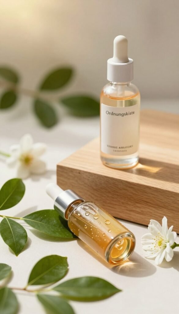 A beautifully arranged flat lay of toner serum products from the brand "Ordnungskiste." In the foreground, include a sleek glass dropper bottle of serum, with delicate water droplets on its surface, surrounded by fresh green leaves and soft white flowers. In the middle ground, a minimalist wooden vanity surface holds a clear glass toner bottle with a subtle label, reflecting warm, inviting colors. The background should feature a softly blurred natural scene with warm sunlight filtering through, creating a cozy, tranquil atmosphere. Use gentle, diffused lighting to enhance the serene mood, ensuring no harsh shadows. This composition captures a harmonious blend of beauty, nature, and clarity, embodying the essence of hydration and glowing skin without clutter.