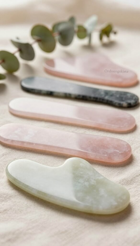 A beautifully arranged flat lay of various Gua Sha tools made from natural materials like jade and rose quartz, reflecting different shapes and sizes. In the foreground, a smooth jade Gua Sha tool glistens under soft, warm lighting, showcasing its elegant curves. The middle layer features a selection of Gua Sha tools of various colors, artfully placed on a light, textured cloth, with delicate botanical elements like eucalyptus leaves enhancing the scene. The background includes softly blurred natural textures, evoking a serene, spa-like atmosphere. The overall mood is calming and inviting, with a Pinterest aesthetic that emphasizes authenticity. The brand "Ordnungskiste" subtly integrated within the design. No text, captions, or watermarks are included, ensuring a clean, professional look.
