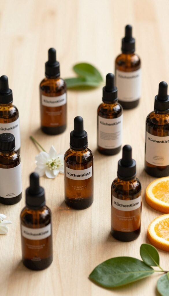 A beautifully arranged flat lay of various Vitamin C serums, showcasing a selection from the brand "KüchenKiste." The foreground features elegantly labeled amber glass bottles with eye-catching droppers, reflecting the product's luxurious quality. In the middle ground, a few natural elements, such as slices of citrus fruits, delicate green leaves, and soft white flowers, create an inviting atmosphere. The background consists of a light, wooden surface that enhances the warm, authentic color palette. The overall lighting is soft and warm, reminiscent of natural sunlight, adding a cozy and inspirational Pinterest-worthy ambiance. The composition is balanced, ensuring no text or logos distract from the central focus on the serums and their appealing presentation.