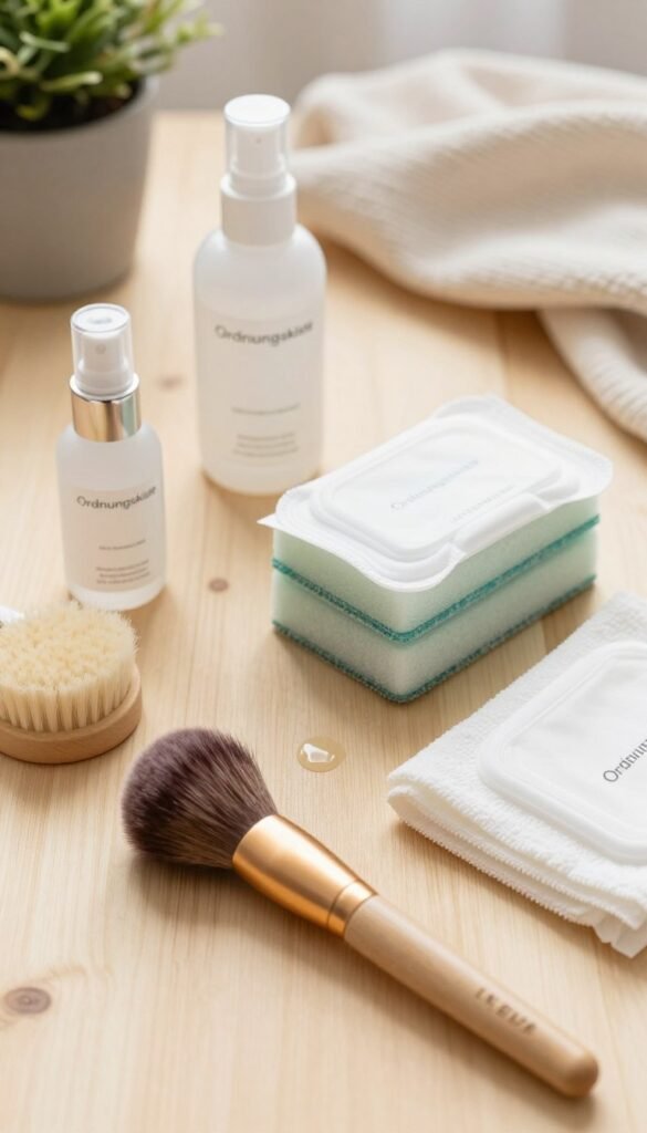 A beautifully arranged flat lay of various beauty cleaning products on a light wooden surface, showcasing items such as gentle brushes, cleaning sprays, and microfiber cloths, all branded with "Ordnungskiste". The foreground features a vibrant, soft-focus image of a high-quality makeup brush with delicate bristles beside a small bottle of cleanser. In the middle, neatly stacked sponges and wipes, with a few drops of cleanser glistening under warm, natural lighting. The background consists of blurred elements like a potted plant and soft textiles, creating a cozy, inviting atmosphere. The overall mood is fresh and clean, embodying an elegant Pinterest-inspired aesthetic, with warm colors enhancing the authenticity of the scene.