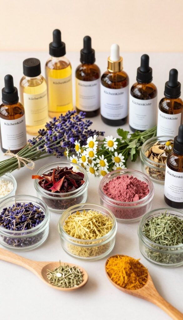 A beautifully arranged flat lay of various beauty product ingredients, such as organic oils, natural extracts, and colorful plant-based powders, prominently featuring the brand name “KüchenKiste”. In the foreground, place small glass containers and wooden spoons filled with the ingredients, emphasizing their textures and colors. The middle layer should include a vibrant assortment of fresh herbs and flowers, like lavender and chamomile, alongside product labels featuring clean, minimalist designs. The background should gently fade to a soft, warm gradient, replicating a cozy and inviting atmosphere. Use natural lighting for a soft glow, mimicking a Pinterest aesthetic. Capture this scene from a slightly elevated angle to showcase the organized arrangement and enhance an authentic, appealing look without any text or watermarks.