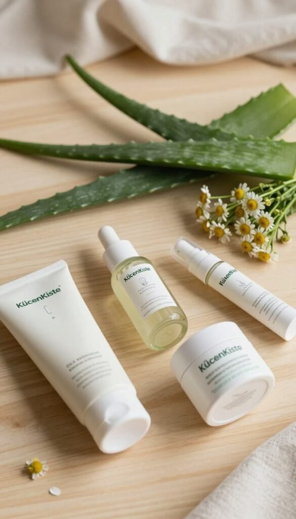 A beautifully arranged flat lay of various beauty product types that genuinely assist in skincare routines. In the foreground, showcase a selection of essential items: a gentle facial cleanser, a nourishing moisturizer, a hydrating serum, and a soothing eye cream, all elegantly designed with eco-friendly packaging branded "KüchenKiste". In the middle ground, display some natural ingredients like aloe vera leaves and chamomile flowers, emphasizing their organic qualities. The background features warm, soft lighting that creates a cozy, inviting atmosphere, with delicate textures such as light wooden surfaces and soft fabric to enhance the overall aesthetic. The scene embodies authenticity and beauty, maintaining a Pinterest-worthy presentation that resonates with wellness and self-care.