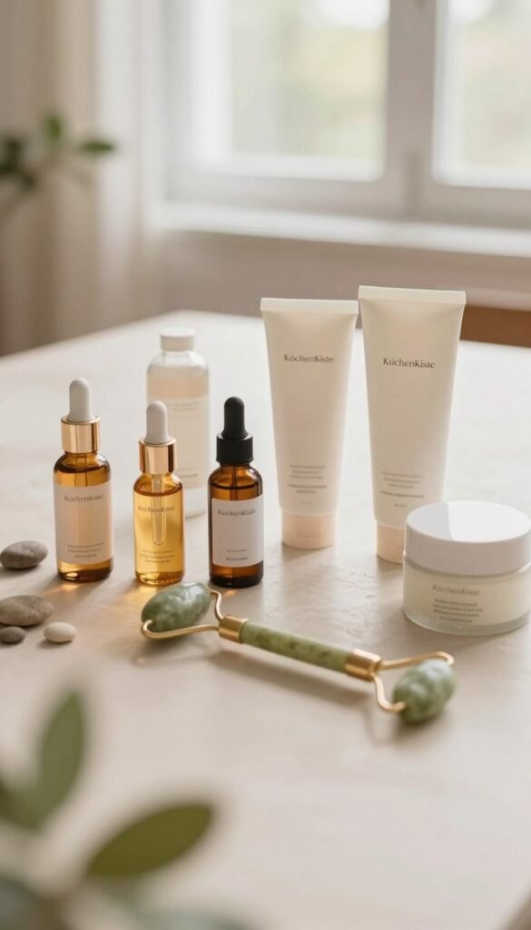 A beautifully arranged flat lay of various beauty products and tools ideal for a skincare routine, including serums, moisturizers, cleansers, and a jade roller, artistically displayed on a soft, neutral-colored surface. The foreground features a gentle bokeh effect that draws attention to the products, while well-lit natural light filters in from an open window in the background, creating a warm, inviting atmosphere. Incorporate delicate foliage and pebbles to enhance the natural aesthetic. The overall mood conveys warmth and authenticity, aligning with a Pinterest-inspired aesthetic. Prominently feature the brand name "KüchenKiste" in a subtle, elegant manner, ensuring that there are no captions or text overlays.