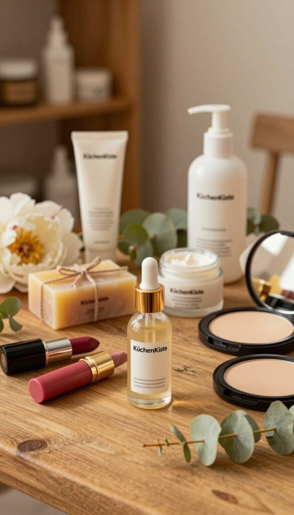 A beautifully arranged flat lay of various beauty products branded "KüchenKiste," including skincare, makeup, and haircare items, displayed on a rustic wooden table. In the foreground, focus on an elegant glass bottle of serum with a dropper, surrounded by a few vibrant lipsticks and a compact powder case, reflecting soft golden light that enhances their textures. In the middle, include a handmade soap and a jar of cream, artfully positioned around fresh flowers like peonies and eucalyptus leaves to add a touch of nature. In the background, a cozy, softly lit room with warm tones and hints of blurred shelves filled with more beauty products creates an inviting atmosphere, evoking a serene and sophisticated mood. The overall composition should feel authentic and harmoniously curated, embodying a Pinterest-worthy aesthetic without any text elements.