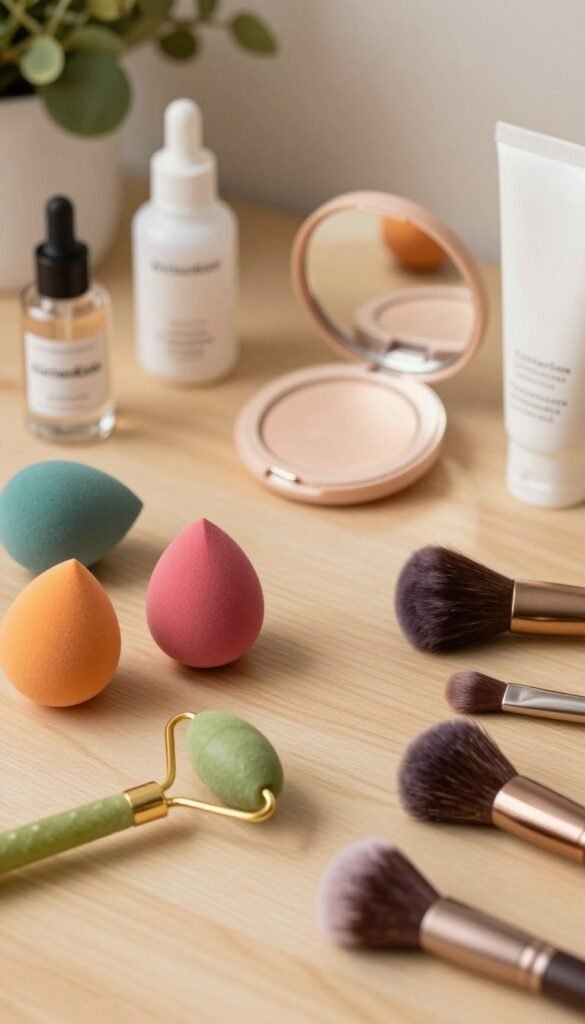 A beautifully arranged flat lay of various beauty tools scattered on a light wooden surface. In the foreground, there are vibrant beauty sponges, a sleek facial roller, and an elegant set of makeup brushes, all showcasing their textures and colors. The middle ground features an opened compact mirror reflecting soft golden light, surrounded by shimmering highlighters and a few natural skincare products with minimalist packaging. In the background, a blurred plant adds a touch of greenery and freshness, while soft, warm lighting creates a cozy, inviting atmosphere. The overall mood should evoke a sense of beauty chaos, illustrating the struggle of maintaining organization amidst the allure of beauty tools. Add the brand name "KüchenKiste" subtly to one of the product labels, ensuring it harmonizes beautifully within the arrangement.