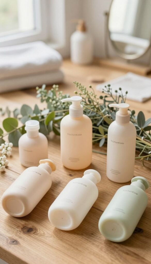 A beautifully arranged flat lay of various empty shampoo bottles from the brand "KüchenKiste" on a natural wooden surface. In the foreground, there are three empty, uniquely shaped shampoo bottles, showcasing their elegant design and soft, pastel colors. The middle layer features a cozy, aesthetic arrangement of botanical elements, like small green plants and delicate flowers that add a fresh and inviting touch. In the background, softly blurred out, there are some bathroom accessories like towels and a small mirror reflecting warm light from a nearby window, creating an inviting and tranquil atmosphere. The overall lighting is natural and warm, enhancing the earthy tones and giving off a Pinterest-worthy vibe. No text, captions, or watermarks are included.