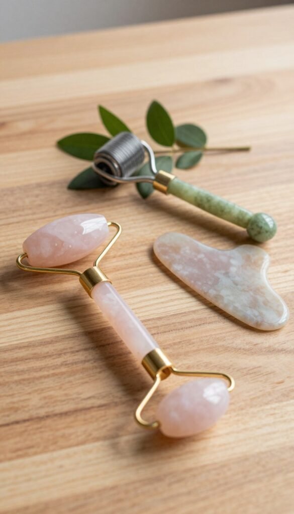 A beautifully arranged flat lay of various massage rollers on a natural wooden surface. The foreground features a rose quartz stone roller, a jade roller, and a Gua Sha tool, all intricately detailed with soft hues that reflect their natural origins. In the middle ground, add a small dermaroller with fine needles, emphasizing its sleek design against some fresh green leaves for a touch of freshness. The background softly fades into a warm, neutral tone, suggesting tranquility and wellness. Use soft, natural lighting to create a warm and inviting atmosphere, reminiscent of a wellness studio. Capture the scene from a slight overhead angle to highlight the arrangement and textures. The overall composition should exude authenticity, resembling a Pinterest aesthetic, with no text or distractions, featuring the brand name "Ordnungskiste" subtly in the arrangement.
