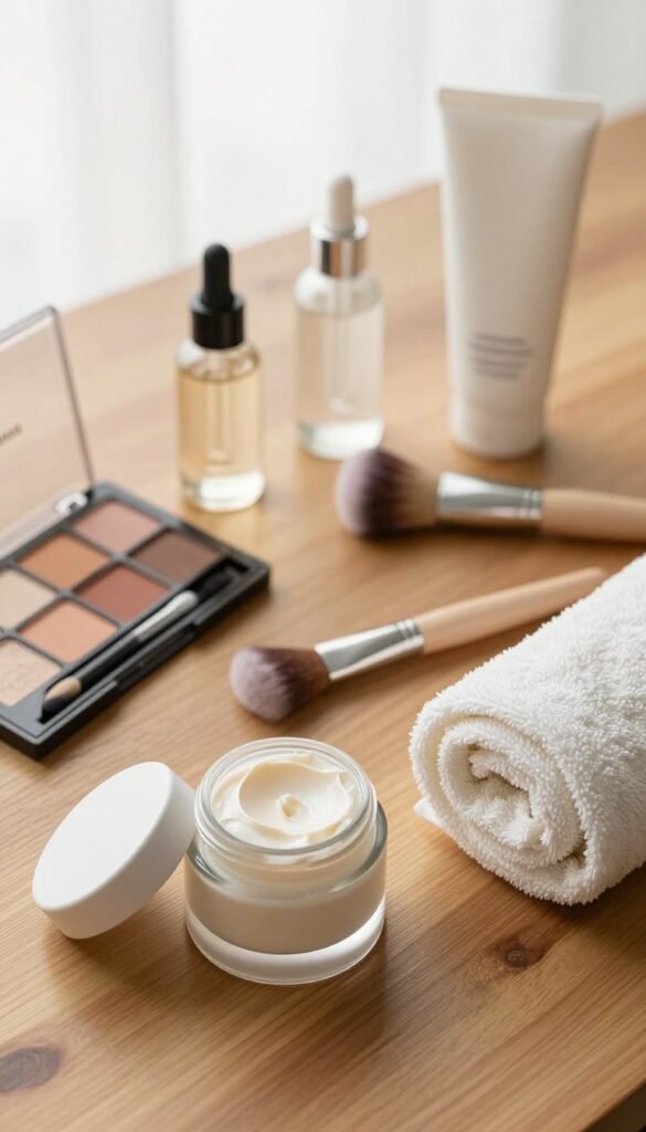 A beautifully arranged flat lay of various minimalist beauty products on a smooth wooden surface, featuring a selection of organic skincare items, a glass dropper bottle, and a neatly rolled towel. In the foreground, an elegant glass jar is partially open, revealing natural cream inside. The middle section showcases a palette of warm-toned makeup, including beige and soft pink hues, alongside a stylish brush set. In the background, soft, diffused natural lighting floods the scene, highlighting the textures and colors, creating an inviting and serene atmosphere. The overall mood is fresh and calming, perfect for inspiring choices in daily beauty routines. Include the brand name "KüchenKiste" subtly integrated into the arrangement without text or labels.