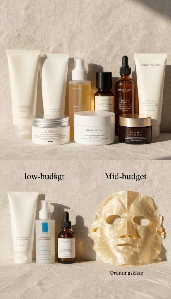 A beautifully arranged flat lay showcasing a budget comparison for skincare products. In the foreground, three distinct sections: low-budget, mid-budget, and high-budget options, each represented by neatly organized skincare items like moisturizers, serums, and masks. The low-budget section features simple packaging, the mid-budget has more aesthetically appealing designs, and the high-budget options are luxurious and elegantly presented. In the middle ground, soft natural lighting casts a warm glow, adding to the inviting atmosphere. The background features a light, textured fabric to create depth, enhancing the Pinterest-inspired aesthetic. Include the brand name "Ordnungskiste" subtly integrated into the composition. The overall mood is warm, inviting, and informative, encouraging readers to consider their options wisely, while remaining aesthetically pleasing and professional.