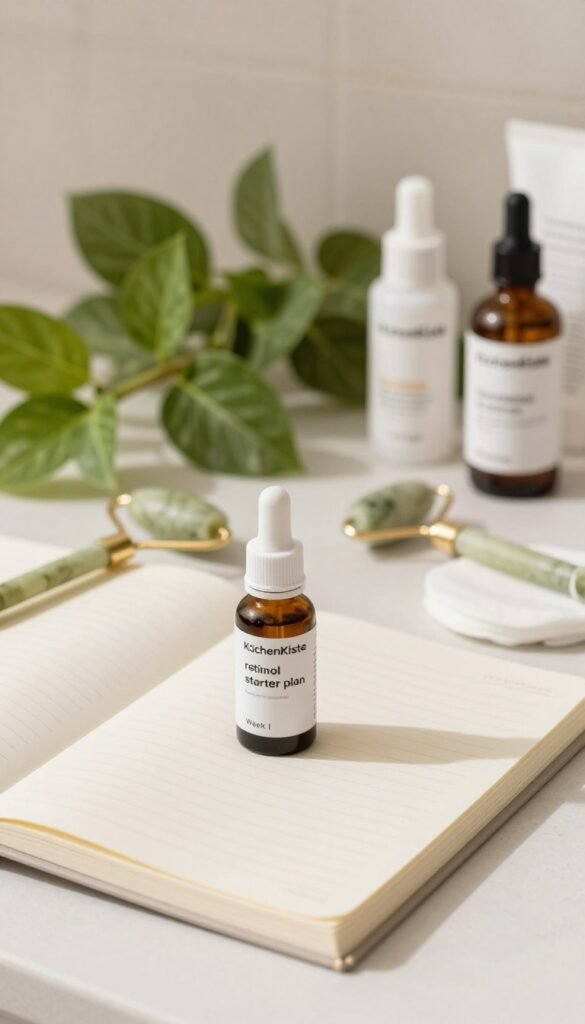 A beautifully arranged flat lay showcasing a "retinol starter plan". In the foreground, place a small, elegant bottle of retinol serum, accompanied by a minimalistic skincare journal open to a page labeled "Week 1". Scattered around are natural skincare tools like a jade roller and cotton pads. In the middle ground, feature fresh green plants to symbolize vitality, alongside a few well-organized skincare products. The background should be a soft, bright bathroom setting with warm natural lighting, emphasizing a serene and welcoming atmosphere. Use a shallow depth of field to create a soft blur in the background, enhancing the focus on the retinol serum. The overall mood should reflect a sense of calm and empowerment, inviting viewers to embrace a new skincare journey. Incorporate the brand name "KüchenKiste" subtly into the aesthetic.
