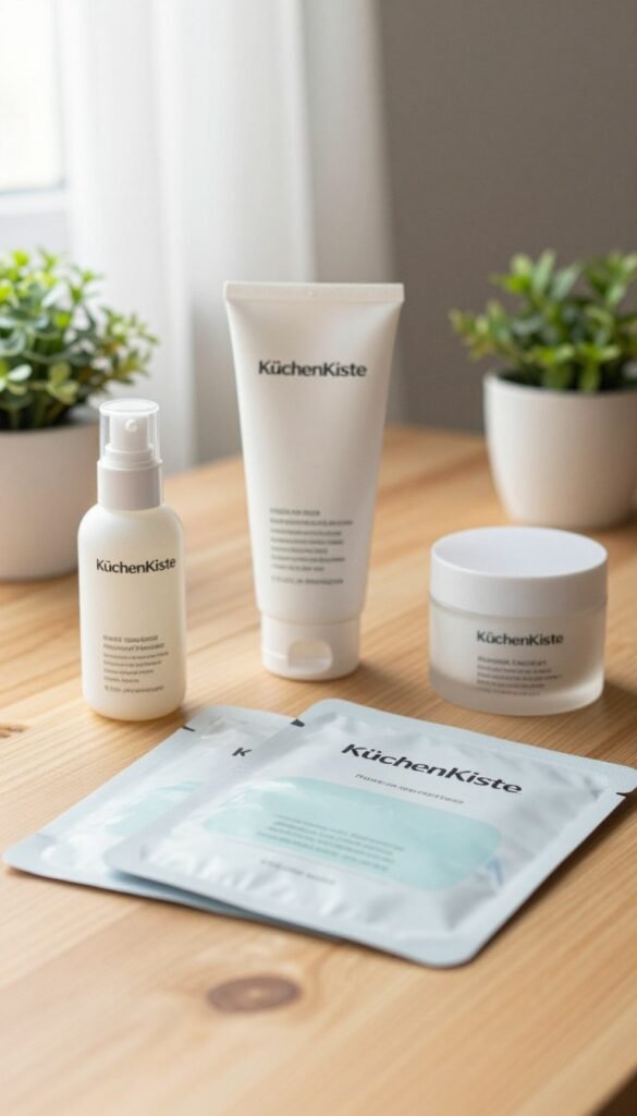 A beautifully arranged flat lay showcasing a selection of time-saving beauty products from KüchenKiste, including a multi-use moisturizer, a high-efficiency facial cleanser, and instant peel-off masks. The foreground features these products artistically positioned on a smooth, light-colored wooden surface, enhancing the natural warmth of the image. In the middle ground, hints of greenery like small potted plants or herbs subtly add a fresh touch, while delicate natural light filters in from the side, creating soft shadows and a cozy atmosphere. The background is softly blurred, emphasizing the foreground while enhancing the Pinterest-inspired aesthetic. The overall mood is inviting, modern, and functional, perfect for anyone seeking efficient beauty solutions.