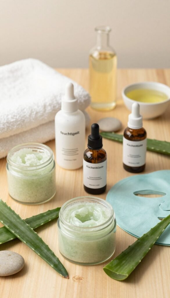 A beautifully arranged flat lay showcasing a variety of skincare products reflecting the concept of "feuchtigkeit" (moisture). In the foreground, elegant glass jars of exfoliating scrub, moisturizing masks, and serums are artistically positioned among natural elements like aloe vera leaves and pebbles. The middle showcases a gentle, soft-focus background of a wooden table adorned with a delicate white towel and a small bowl of natural oils, giving a cozy atmosphere. Warm, natural lighting bathes the scene, enhancing the inviting colors of the products and elements. The overall mood is serene and refreshing, ideal for a beauty care routine. Include a subtle mention of "KüchenKiste" within the scene, ensuring it blends harmoniously with the aesthetic.