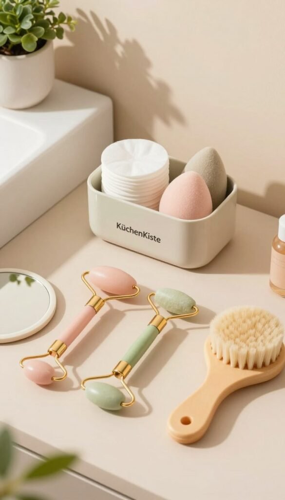 A beautifully arranged flat lay showcasing a variety of space-saving beauty tools designed for skincare. In the foreground, there are elegantly designed facial rollers, a compact mirror, and a gentle exfoliating brush, all in soft pastel colors. The middle layer features a stylish, small storage container labeled "KüchenKiste," neatly holding cotton pads and beauty sponges. In the background, there is a small, well-lit bathroom counter with a hint of greenery from a potted plant, creating a fresh atmosphere. The lighting is warm and inviting, resembling the soft glow of natural sunlight, casting gentle shadows that enhance the textures of the tools. The overall mood is calm and organized, perfect for a small bathroom aesthetic.
