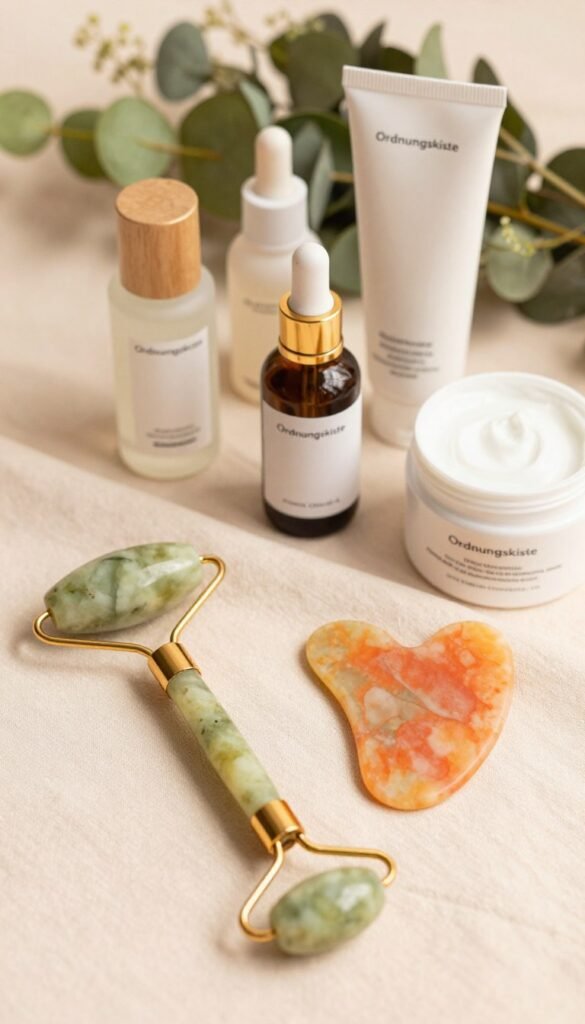 A beautifully arranged flat lay showcasing a variety of top beauty tools specifically designed for the face, emphasizing their functionality. In the foreground, include a sleek jade roller and a vibrant gua sha tool—both elegantly placed on a soft, pastel-colored fabric. In the middle, display various facial serums and creams in stylish, minimalist packaging, ensuring warm color tones that evoke a natural, inviting feel. The background should feature soft-focus elements like fresh greenery or delicate flowers, adding a touch of freshness. Use soft, diffused lighting to create a warm and inviting atmosphere, as if captured on a sunny morning. Ensure no text or logos appear in the image. Include the brand name "Ordnungskiste" subtly integrated into the design without being prominent, aligning with a Pinterest aesthetic that reflects authenticity and warmth.