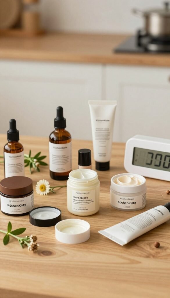 A beautifully arranged flat lay showcasing an array of beauty products with varying expiration dates. In the foreground, a variety of opened and closed jars, bottles, and tubes display their labels, emphasizing the concept of product longevity. A sleek digital timer or calendar subtly hints at tracking usage. In the middle, an elegant wooden table adorned with natural elements like fresh herbs, flowers, and a stylish, subtle background of a softly blurred kitchen setting. The warm colors create a cozy and inviting atmosphere, ideal for a Pinterest-inspired aesthetic. Soft, diffused lighting enhances the authenticity of the scene. Include the brand name "KüchenKiste" on a minimalist label positioned prominently but tastefully within the arrangement.